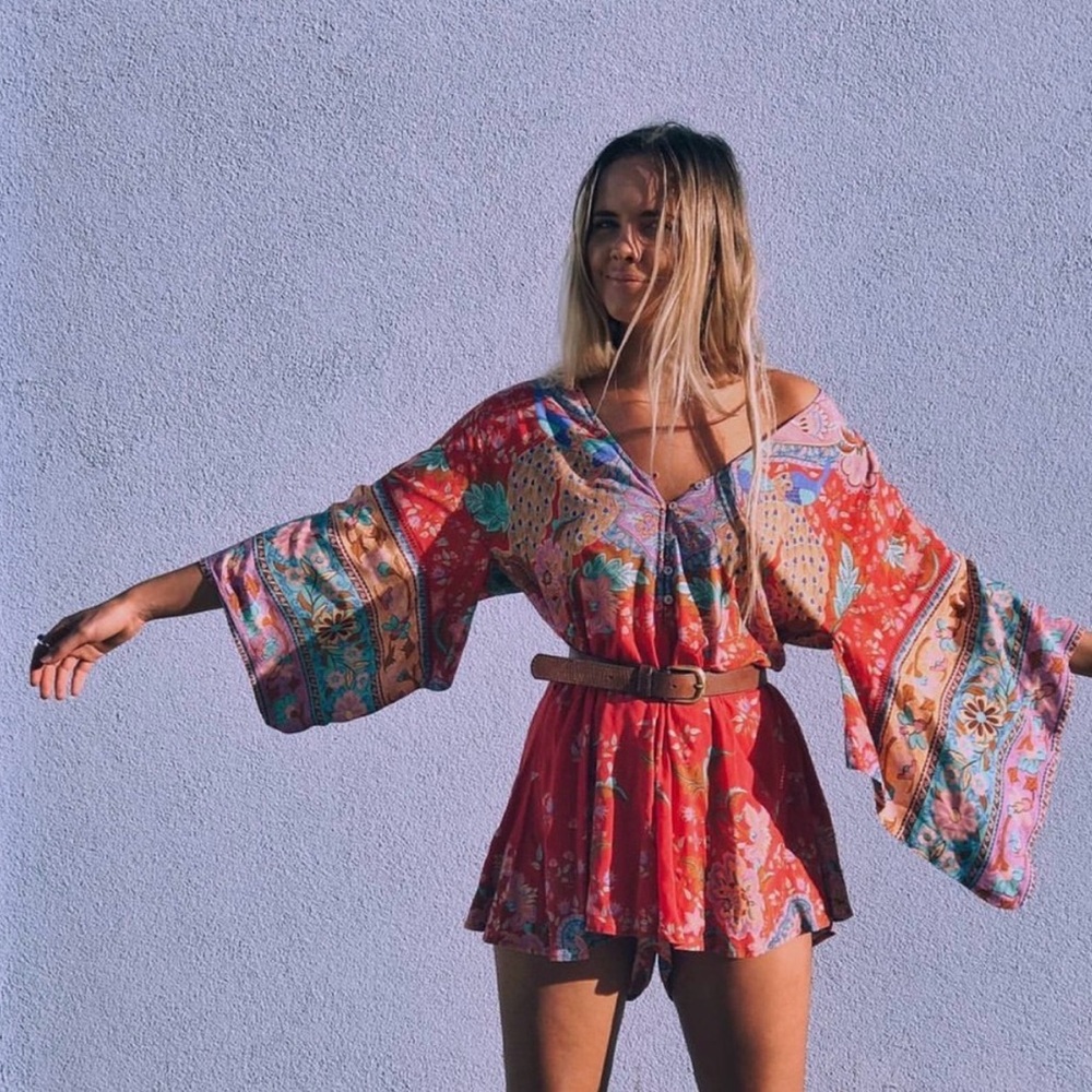 Spell Red Multicolor Floral Boho Short Jumpsuit - Picture 12 of 12